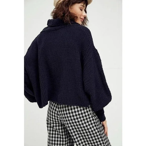 Free People Be Yours Cowl Neck Sweater Balloon Sleeve Chunky Boxy Cropped Black - Picture 13 of 14